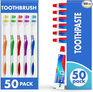 Urban Essentials Bulk Toothbrush (50) Bulk Toothpaste (50) Pack with Covers